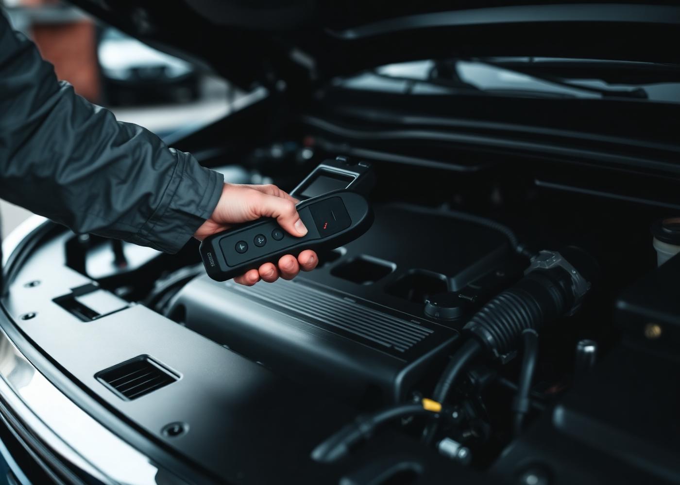 Mechanic using a diagnostic scan tool on a vehicle engine bay